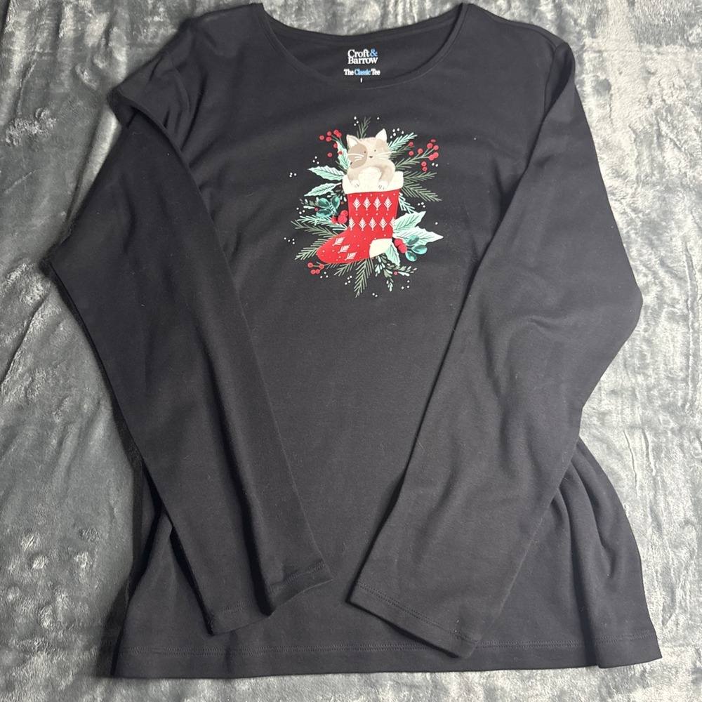 Women's Christmas Black Long Sleeve Kitty Cat Stocking Tee Shirt Top NEW LG